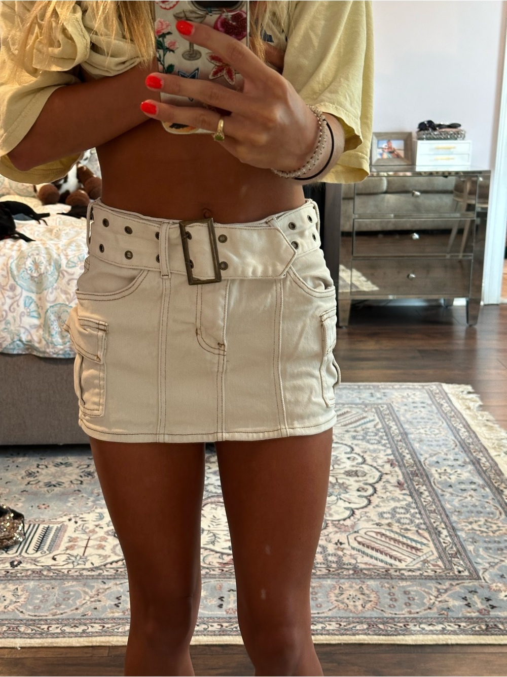 PacSun Cream High-Rise Mini Skirt with Buckle Belt